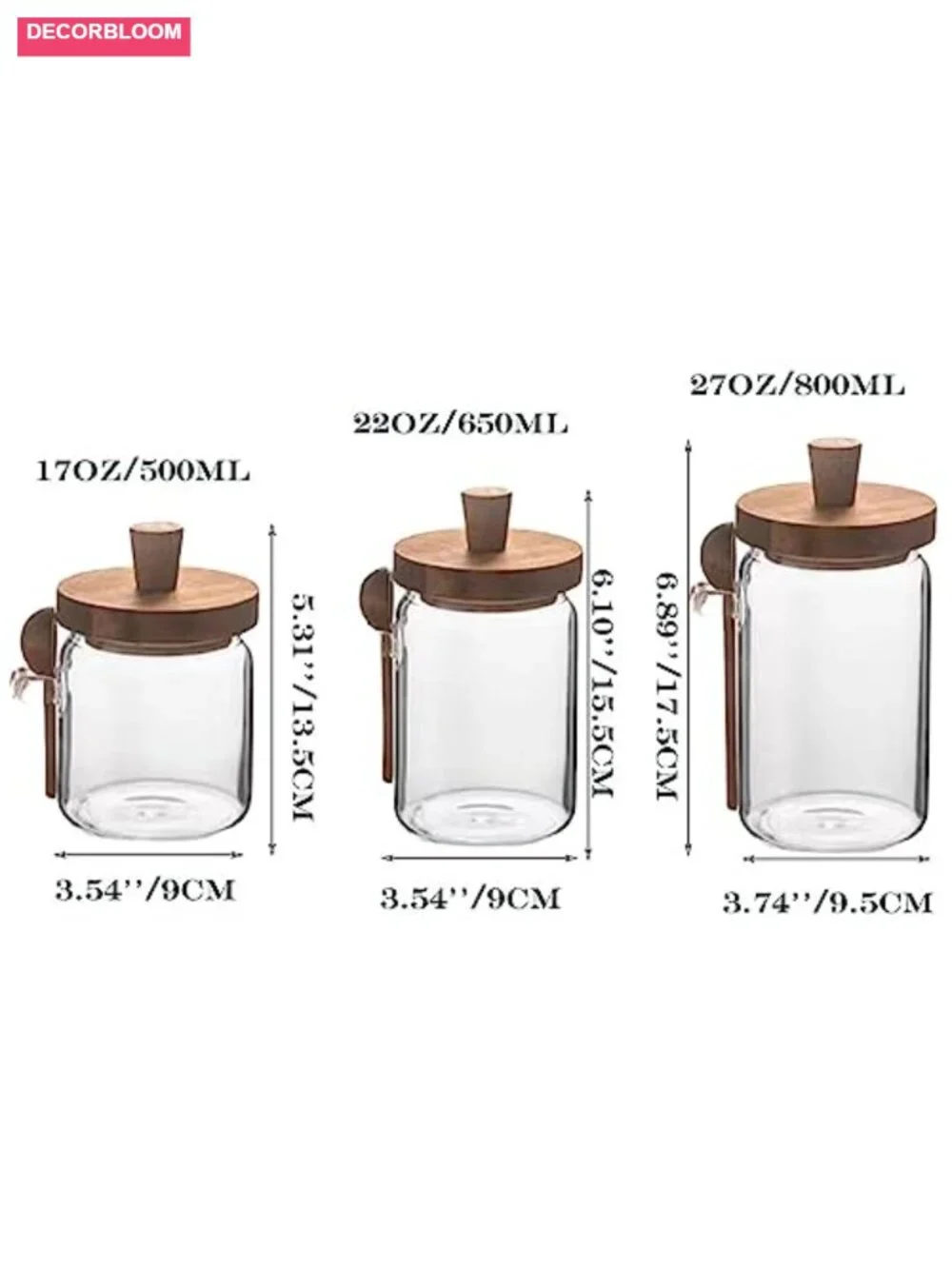 Glass Jars with Wooden Lids and Spoons, Set of 3, 17/22/27 OZ